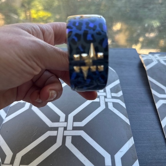 Alexis Bittar Navy Blue/Black Animal Print Hinged Bangle w/Gold Accents